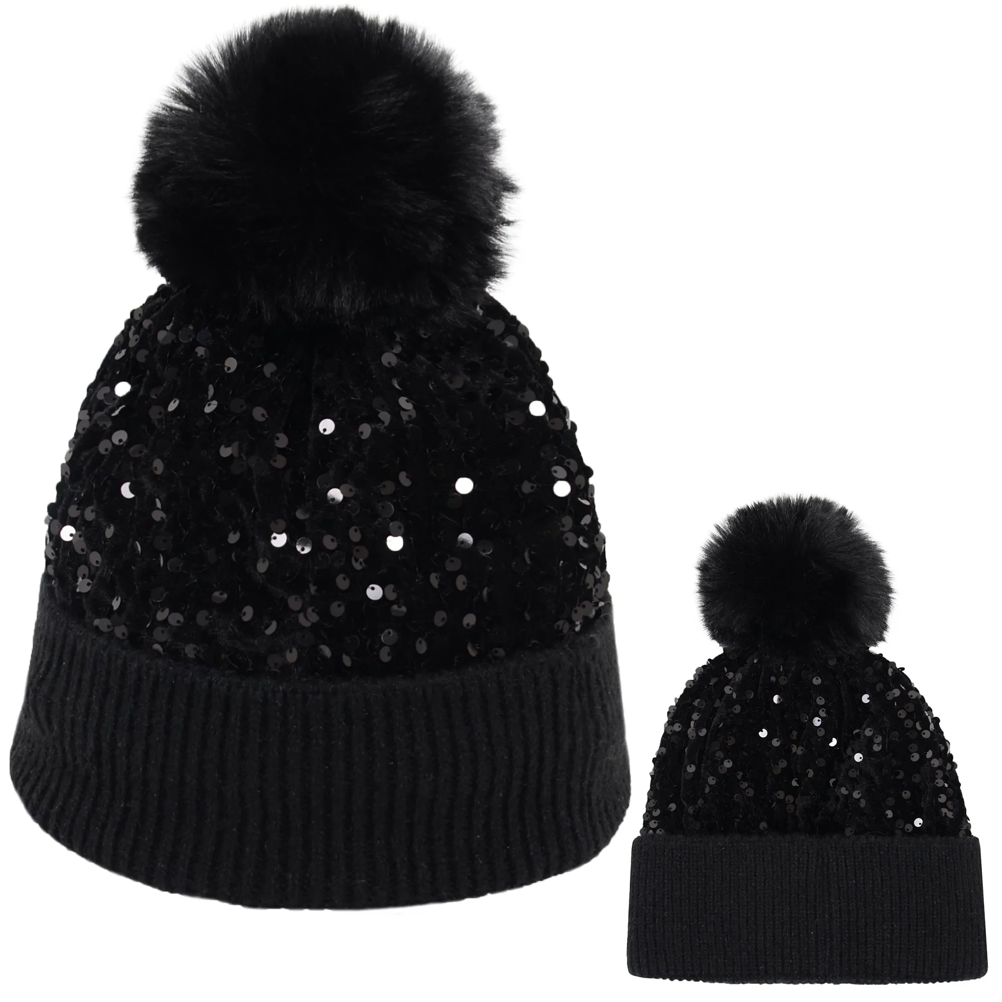 Anna-Kaci Sparkly Sequin Beanie Hat with Faux Fur Pom Pom Knit Skull Cap for Women