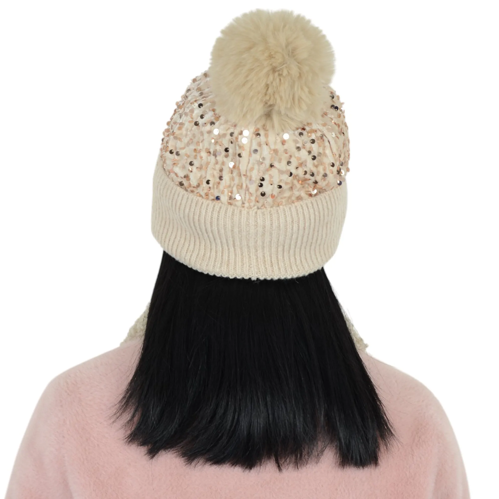 Anna-Kaci Sparkly Sequin Beanie Hat with Faux Fur Pom Pom Knit Skull Cap for Women