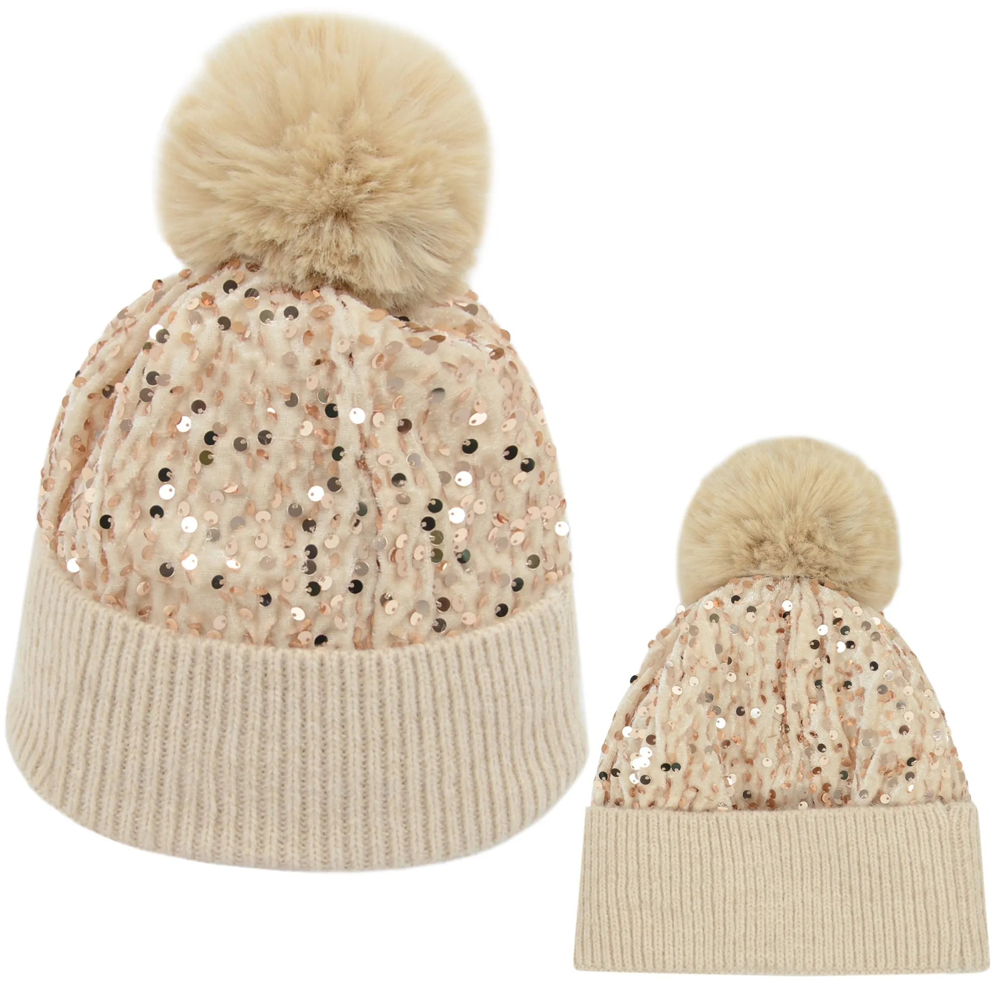 Anna-Kaci Sparkly Sequin Beanie Hat with Faux Fur Pom Pom Knit Skull Cap for Women