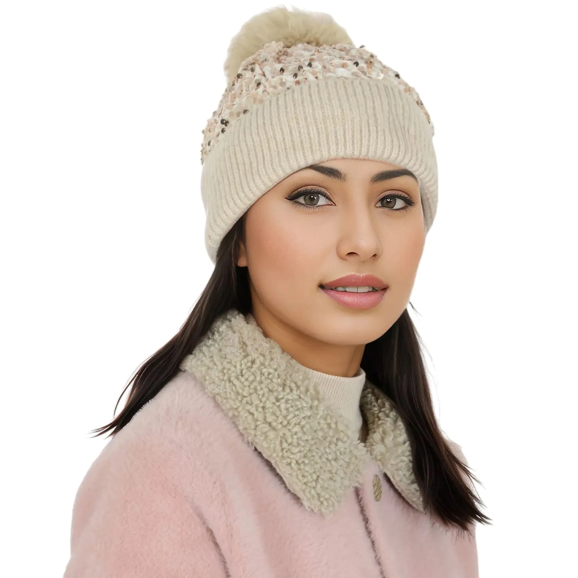 Anna-Kaci Sparkly Sequin Beanie Hat with Faux Fur Pom Pom Knit Skull Cap for Women