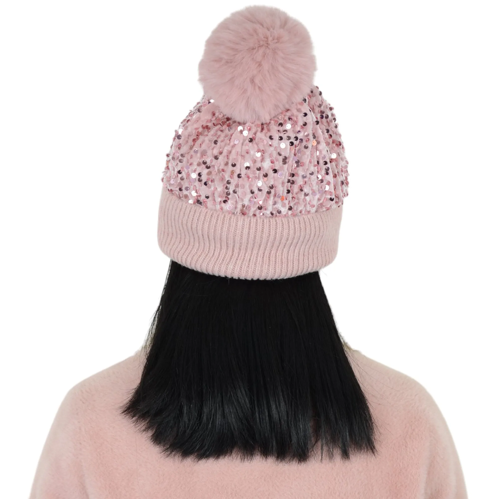 Anna-Kaci Sparkly Sequin Beanie Hat with Faux Fur Pom Pom Knit Skull Cap for Women