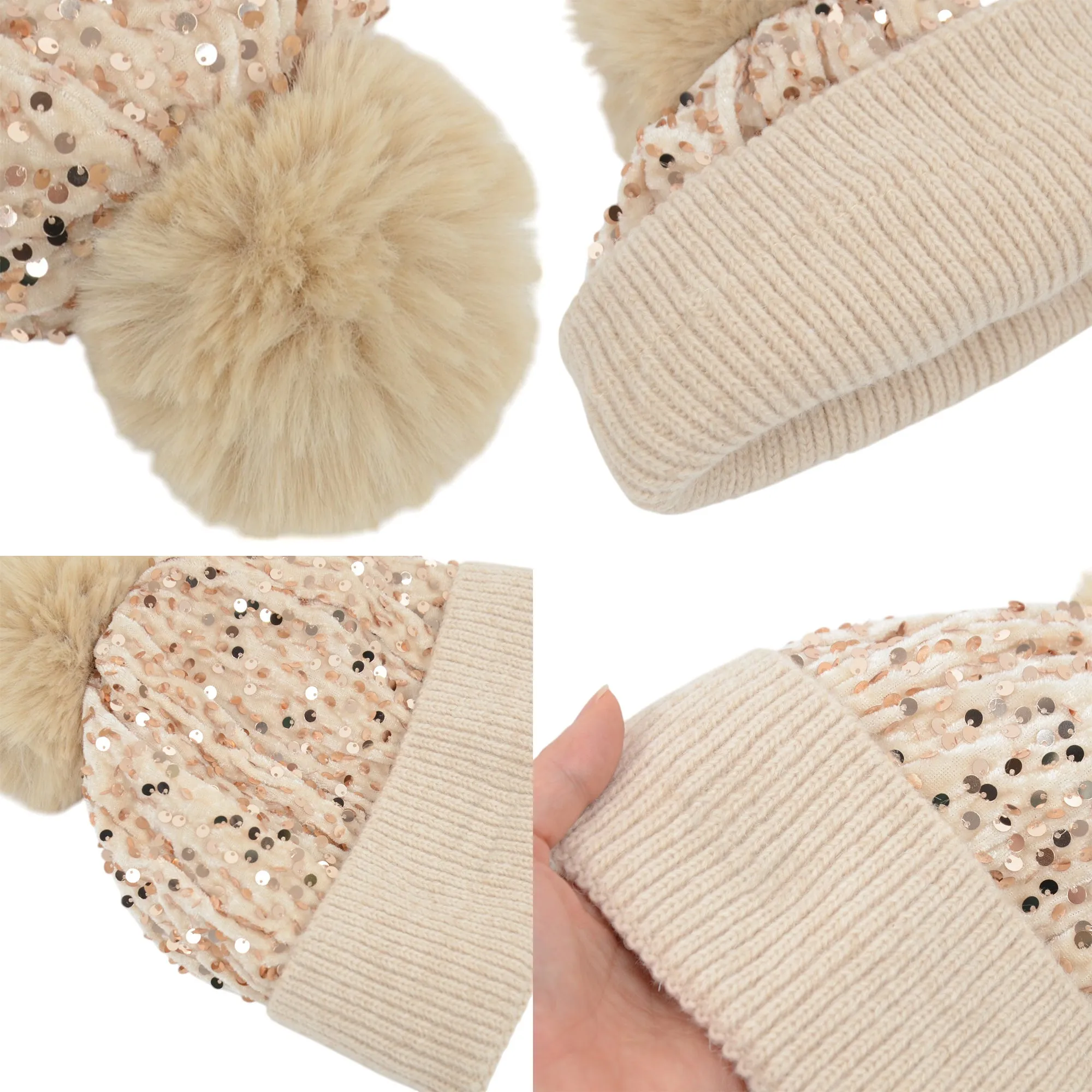 Anna-Kaci Sparkly Sequin Beanie Hat with Faux Fur Pom Pom Knit Skull Cap for Women