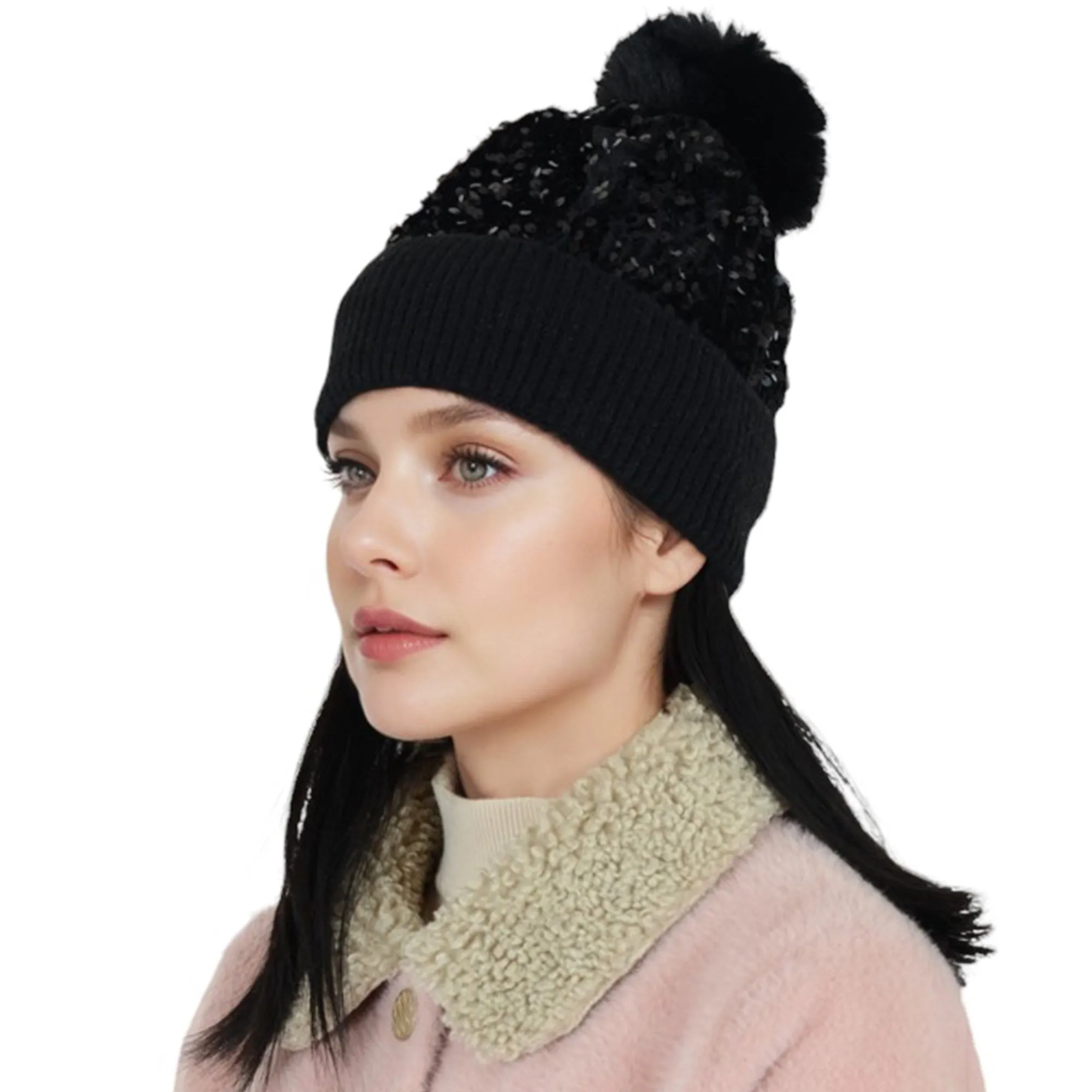 Anna-Kaci Sparkly Sequin Beanie Hat with Faux Fur Pom Pom Knit Skull Cap for Women