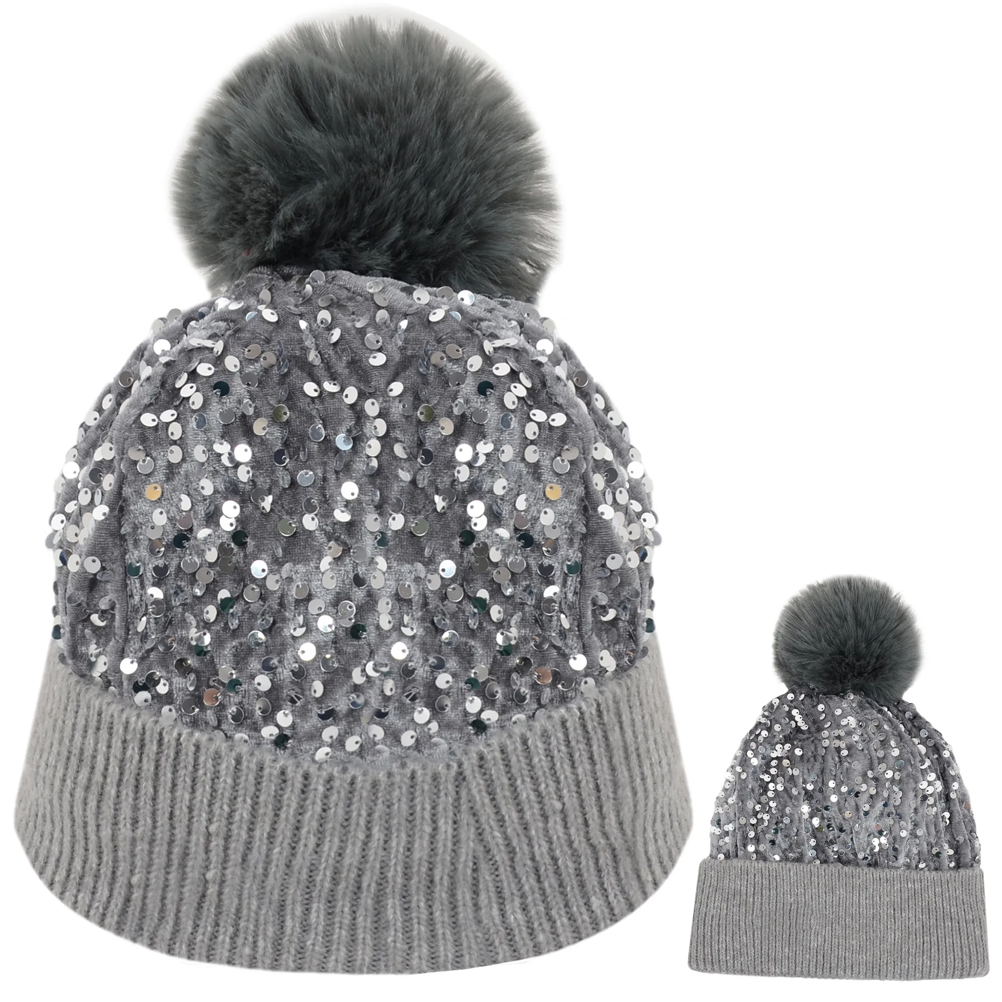 Anna-Kaci Sparkly Sequin Beanie Hat with Faux Fur Pom Pom Knit Skull Cap for Women