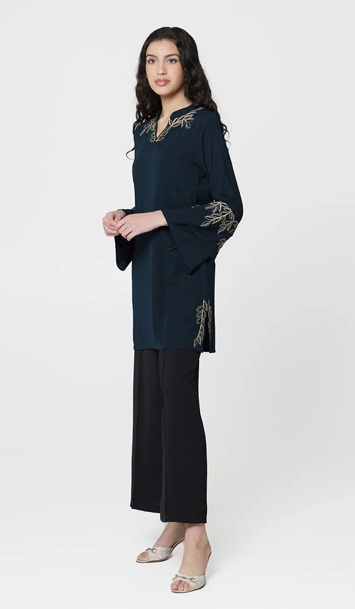 Arzoo Gold  Embellished Long Modest Tunic - Dark Teal - PREORDER (ships in 2 weeks)