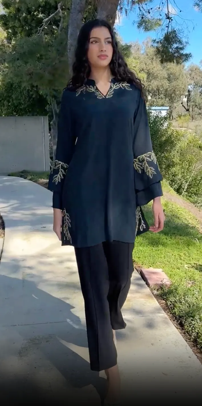 Arzoo Gold  Embellished Long Modest Tunic - Dark Teal - PREORDER (ships in 2 weeks)