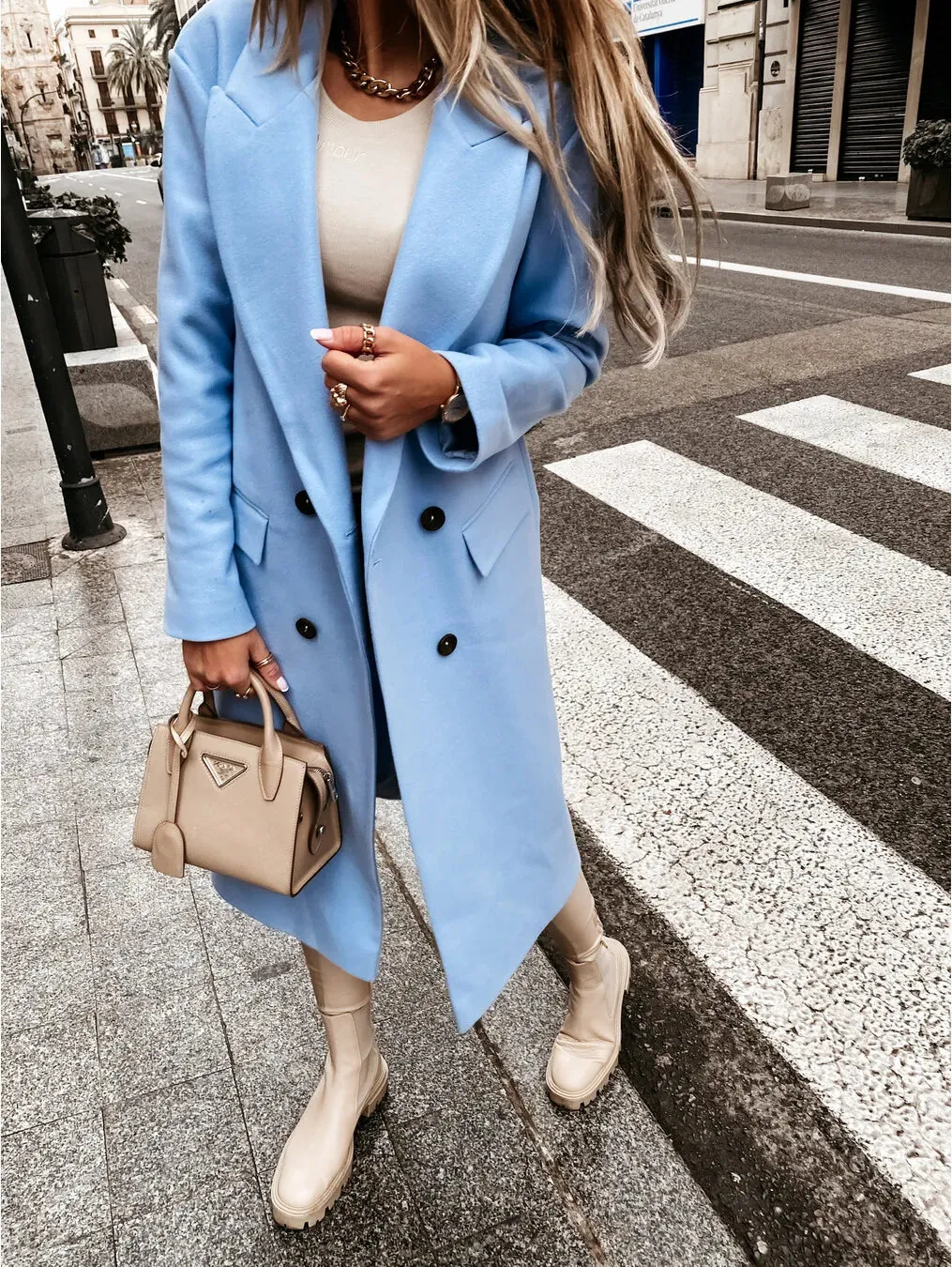 Autumn Women Woolen Retro Fashion Black Long Sleeve Blue Casual Winter Street Wear Loose Coat