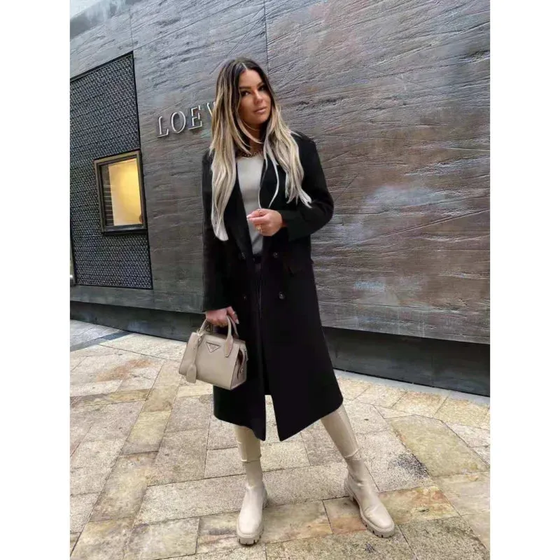 Autumn Women Woolen Retro Fashion Black Long Sleeve Blue Casual Winter Street Wear Loose Coat