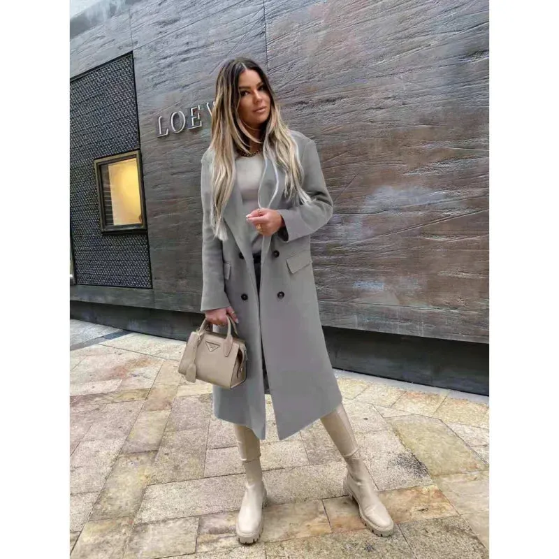 Autumn Women Woolen Retro Fashion Black Long Sleeve Blue Casual Winter Street Wear Loose Coat