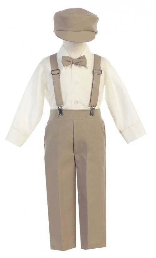 Baby Boys Khaki Adjustable Clip-On Suspender Pants Hat Set 6-24M