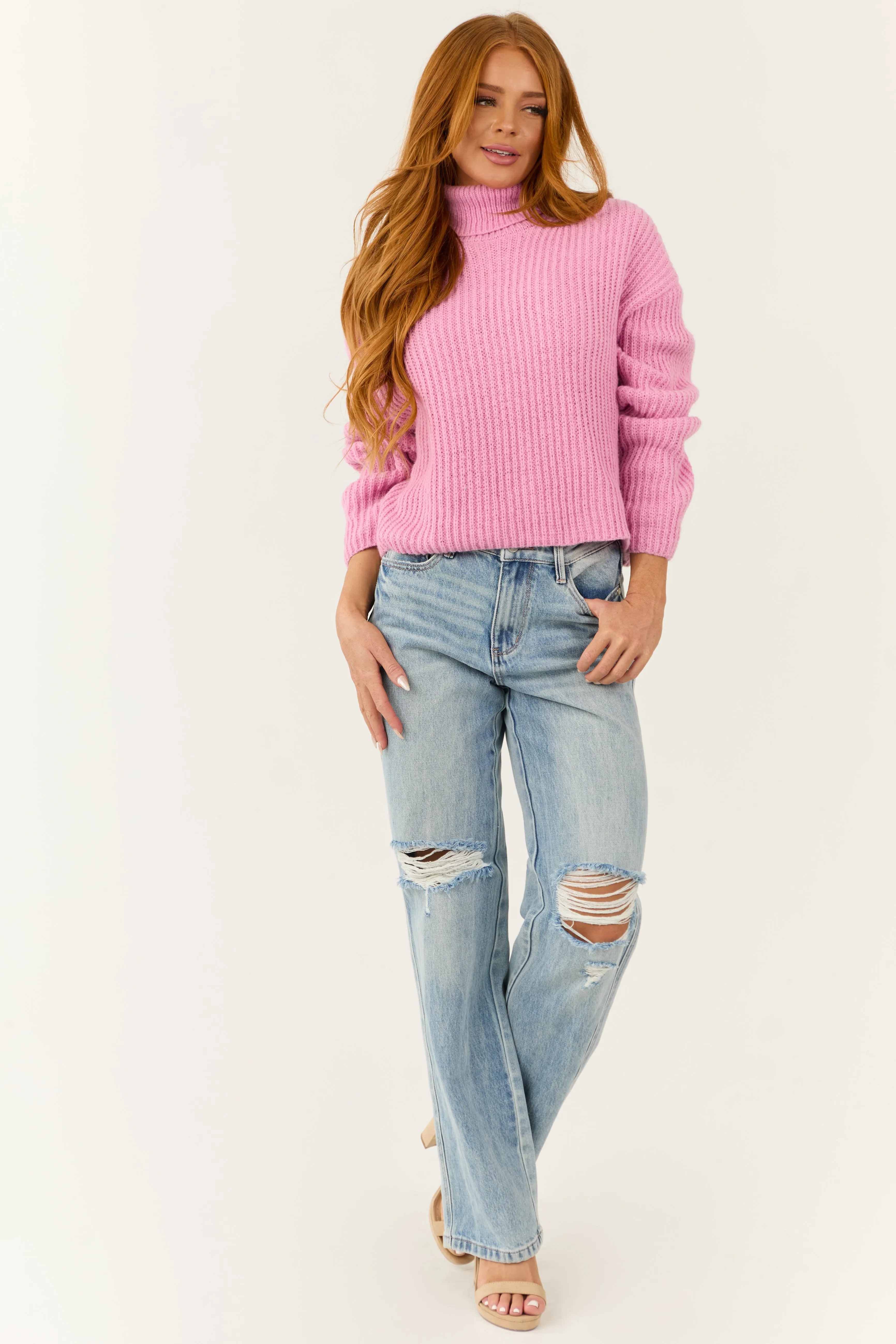 Baby Pink Long Sleeve Turtleneck Chunky Sweater