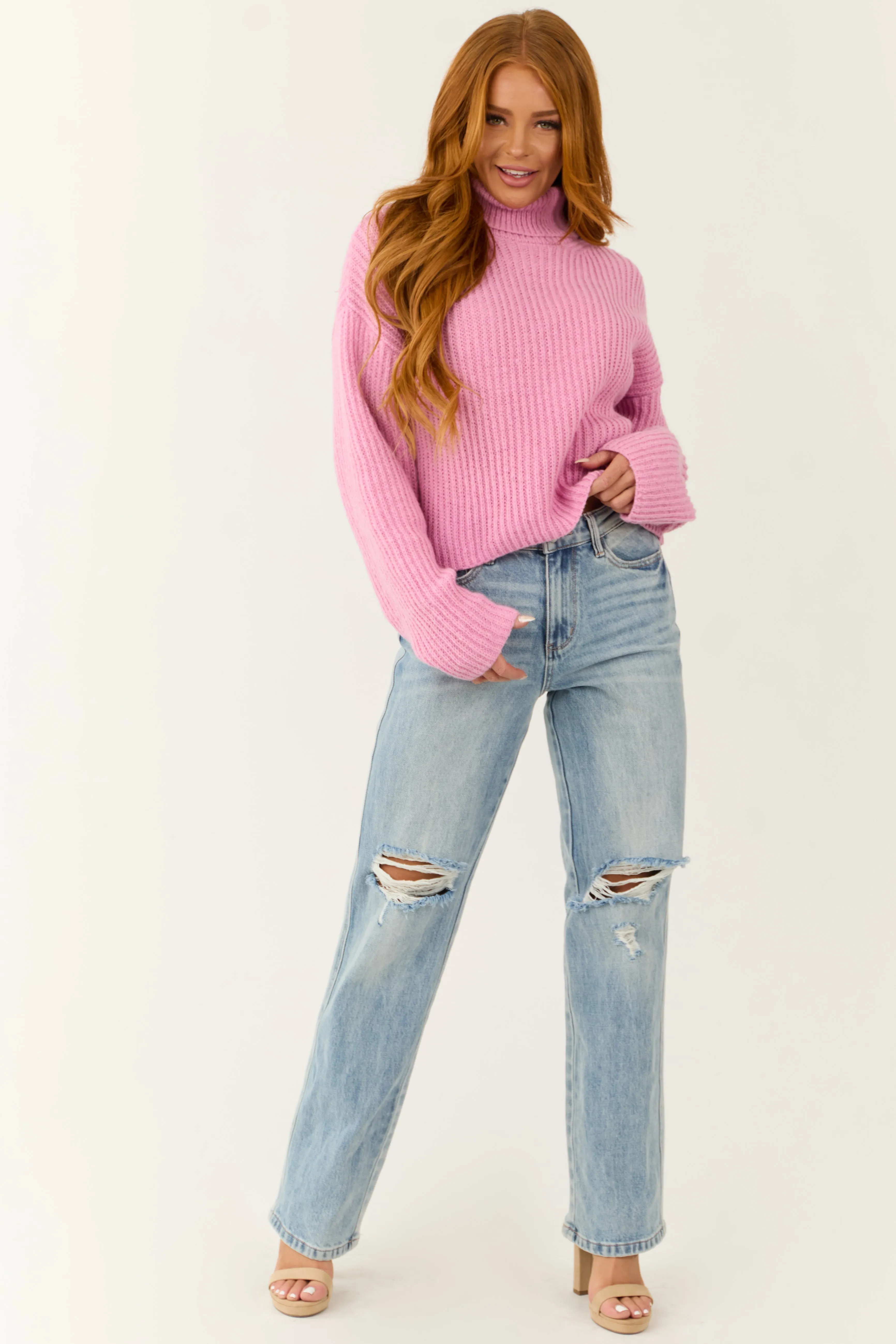 Baby Pink Long Sleeve Turtleneck Chunky Sweater