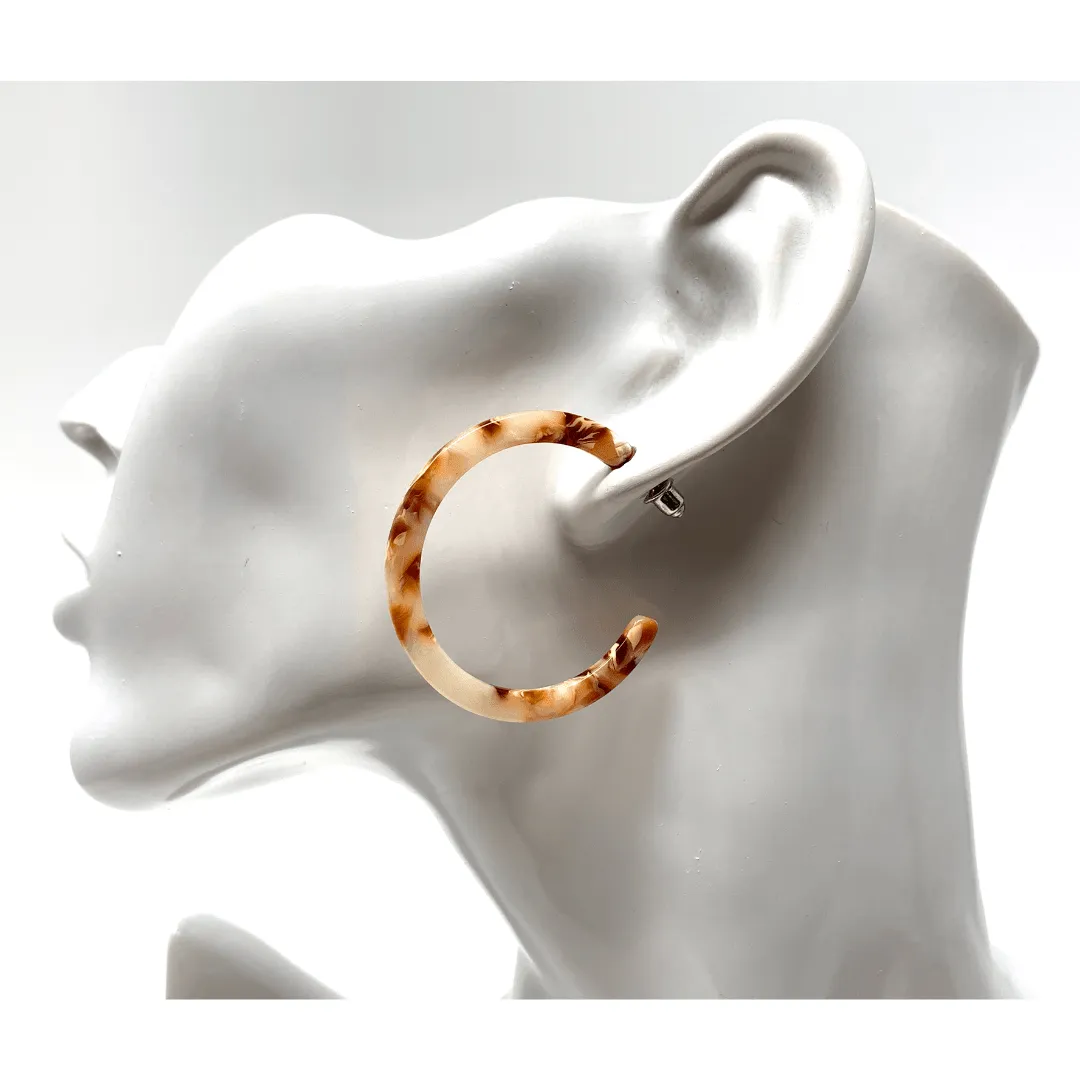 Beige Marbled Resin Hoop Earrings