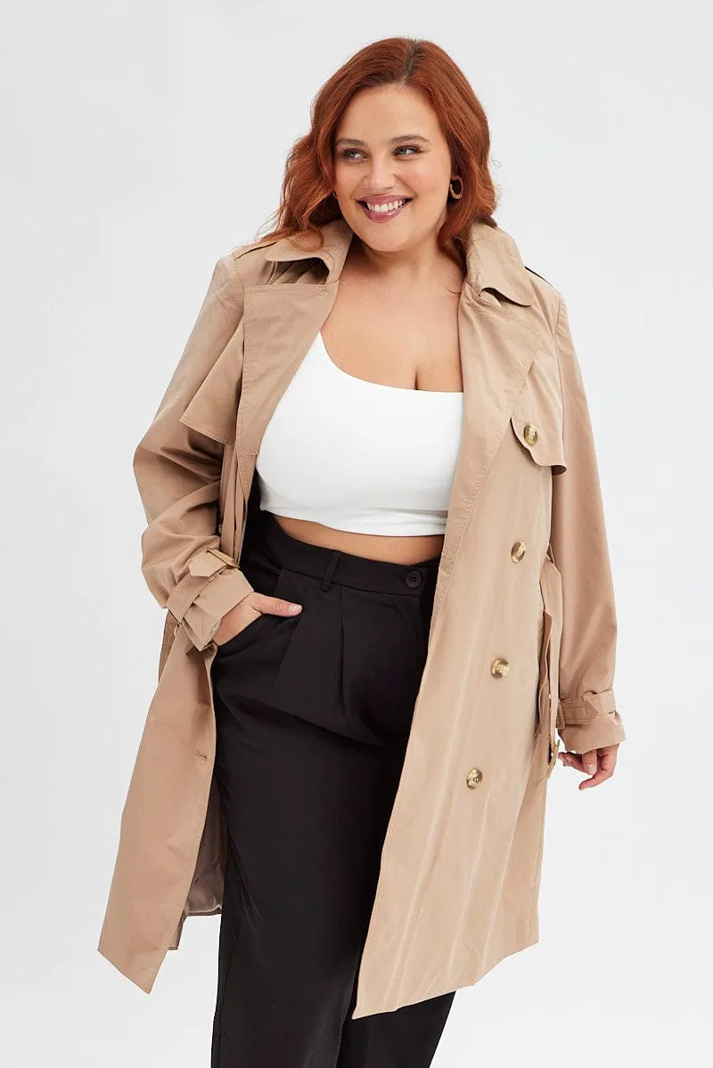 Beige Trench Coat Long Sleeve Belted Lined