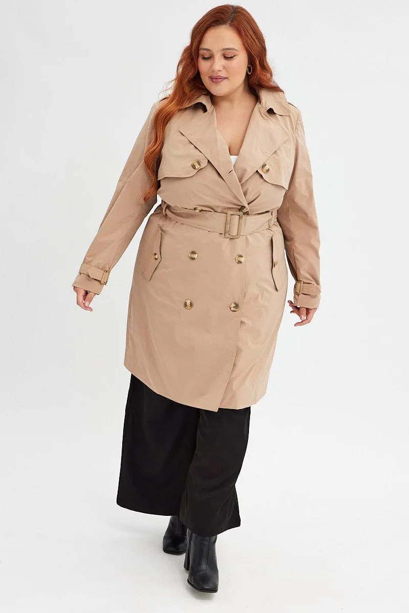 Beige Trench Coat Long Sleeve Belted Lined