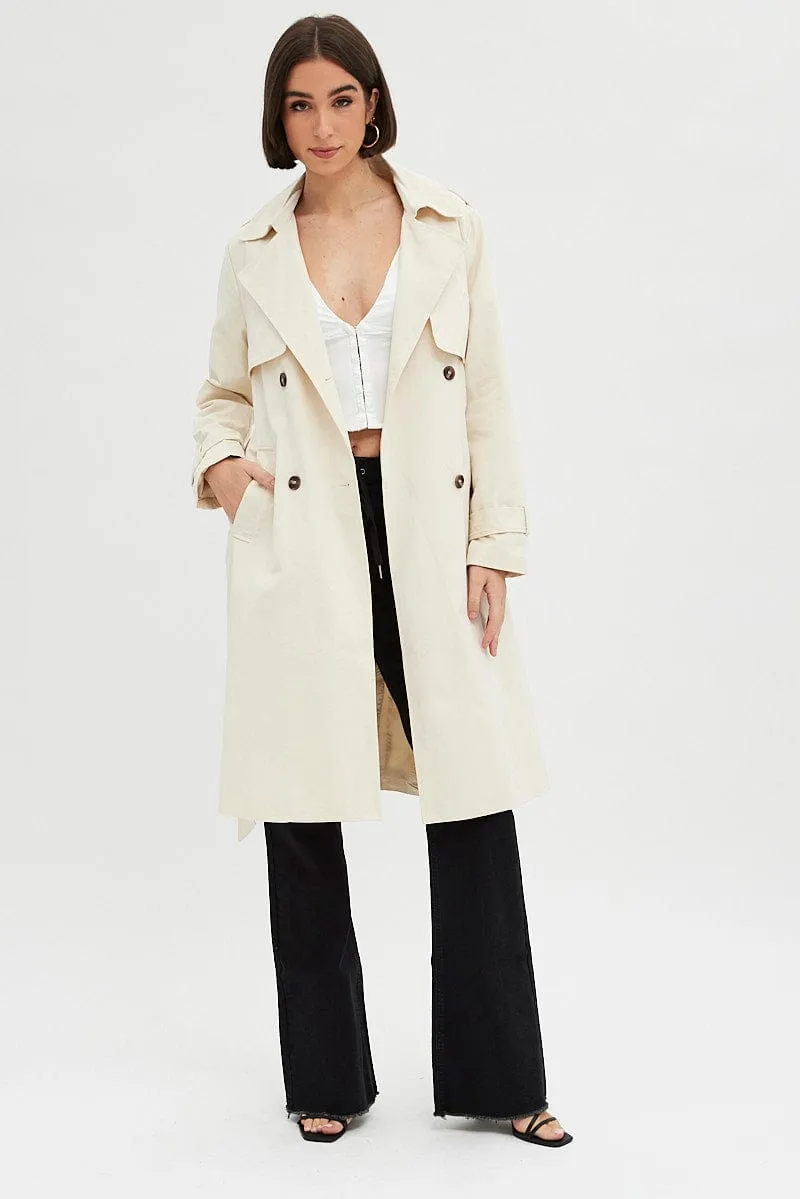 Beige Trench Coat Long Sleeves Cotton