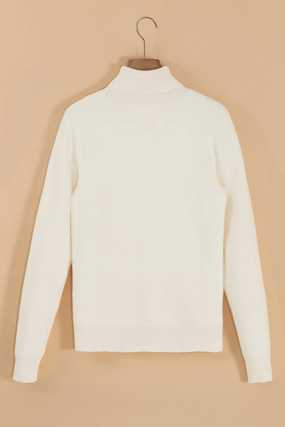 Beige Turtleneck Fleece Lined Knit Sweater