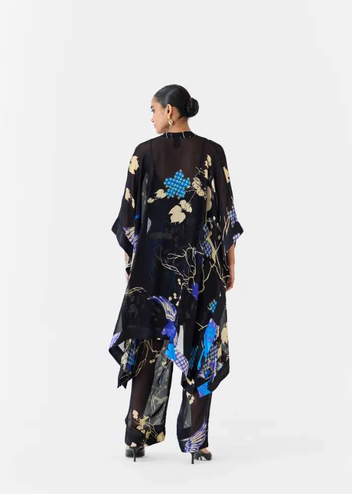 Black Crane Organza Kimono & Pants Co-Ord