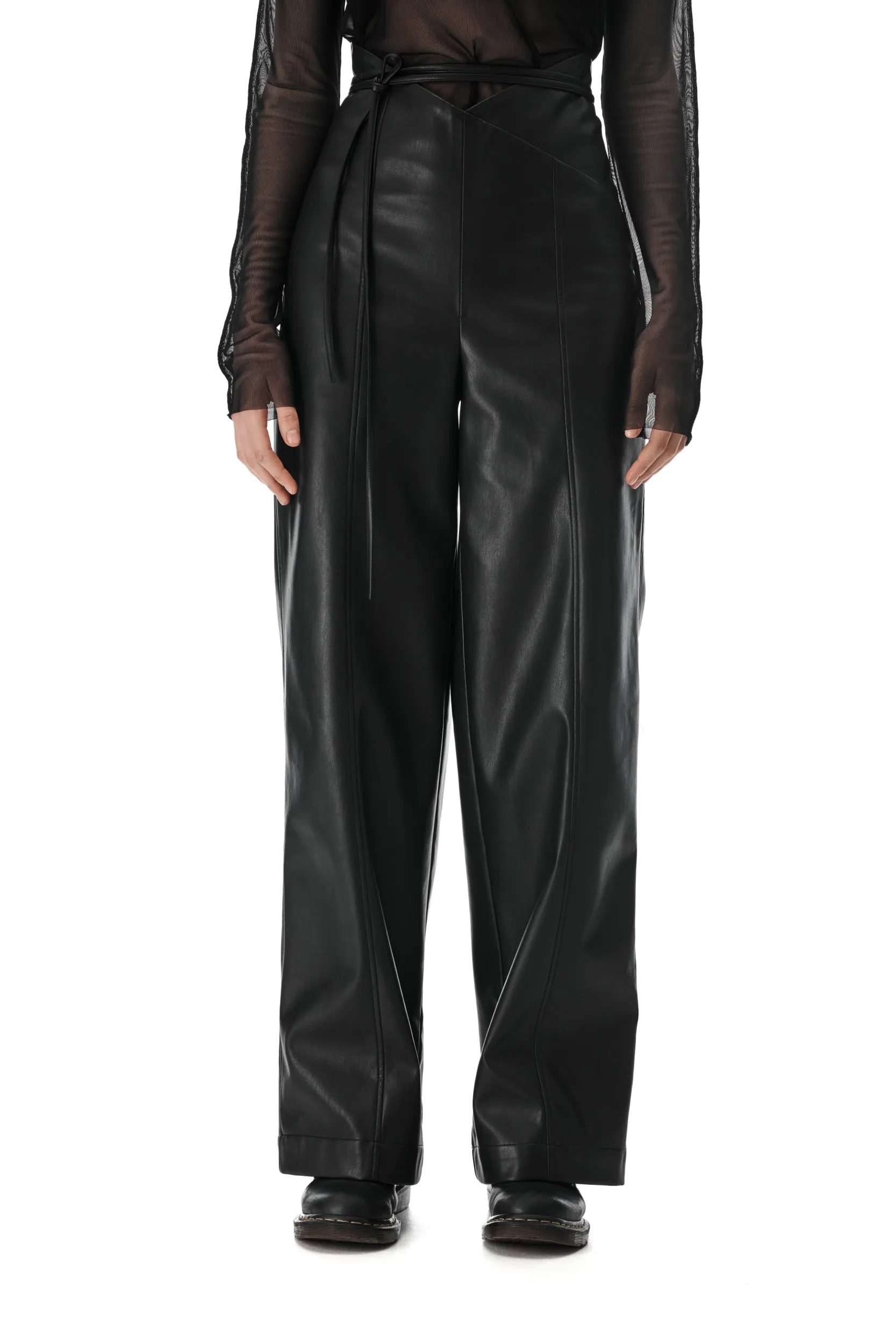 Black Faux Leather V-cut Pants