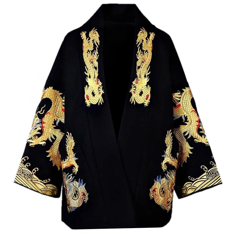 Black Gold Court Dragon Embroidery Men Chinese Style Coat