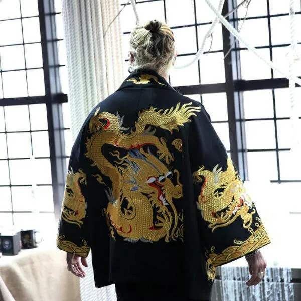 Black Gold Court Dragon Embroidery Men Chinese Style Coat