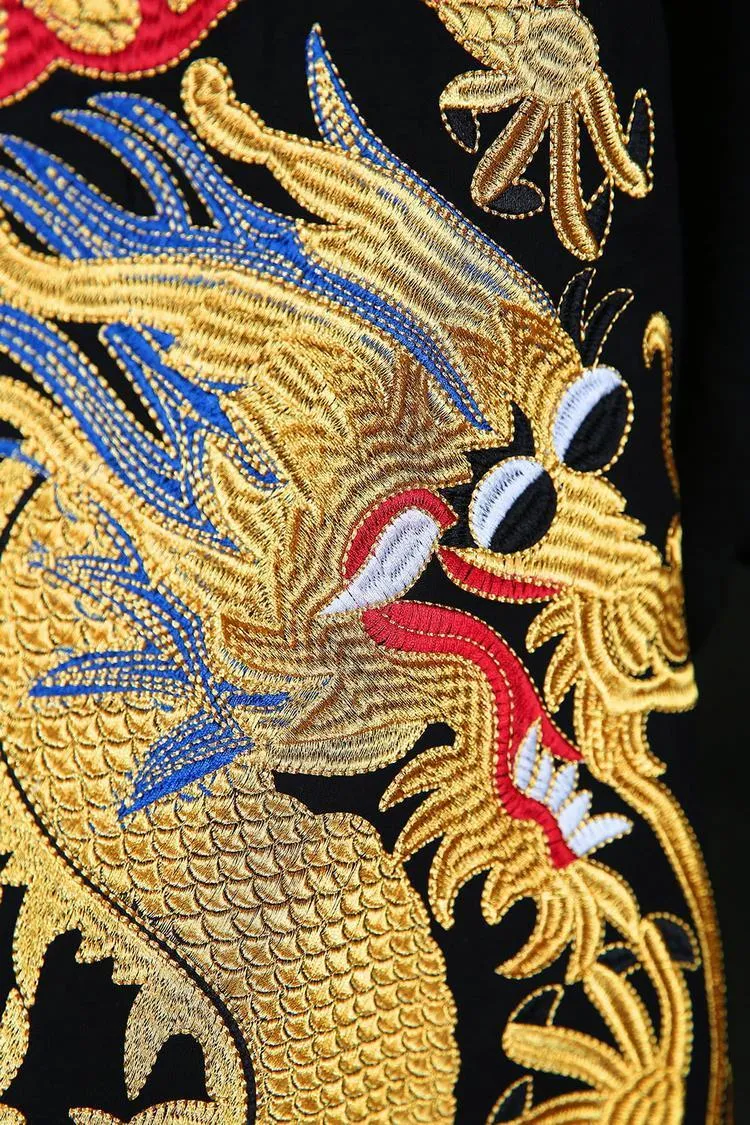 Black Gold Court Dragon Embroidery Men Chinese Style Coat