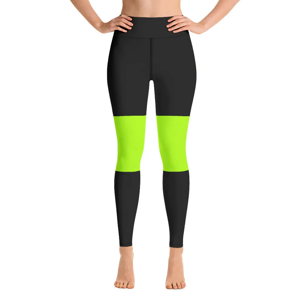 Black Green Striped Yoga Leggings, Bright Neon Green Women's Yoga Tights-Made in USA/EU