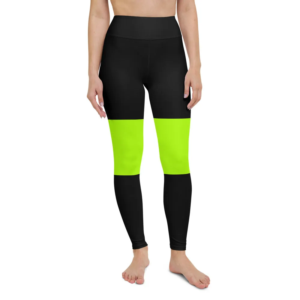 Black Green Striped Yoga Leggings, Bright Neon Green Women's Yoga Tights-Made in USA/EU