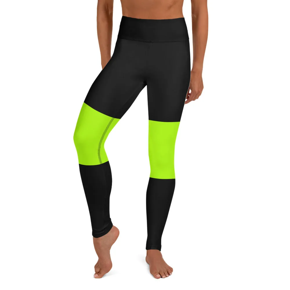 Black Green Striped Yoga Leggings, Bright Neon Green Women's Yoga Tights-Made in USA/EU