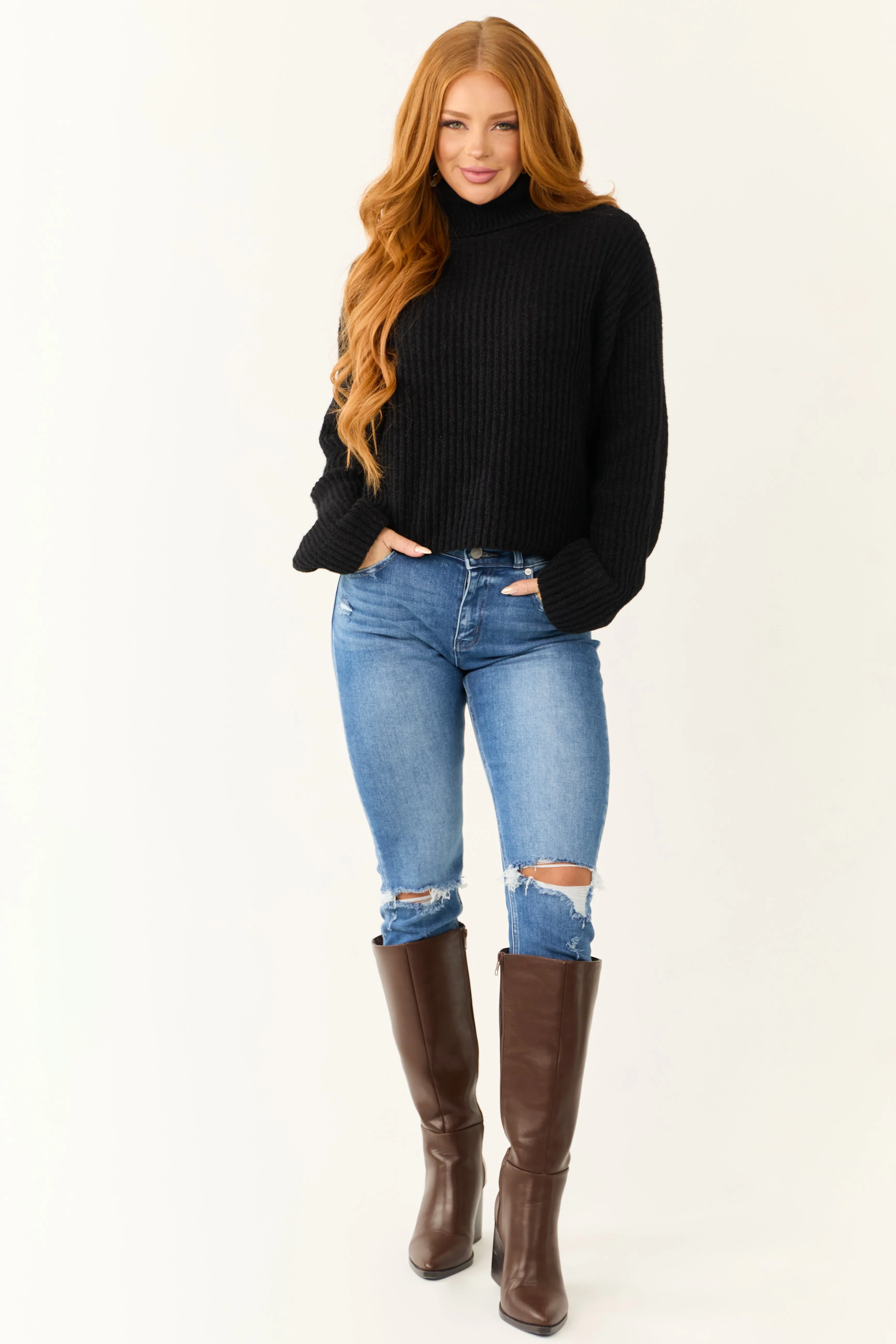 Black Long Sleeve Turtleneck Chunky Sweater