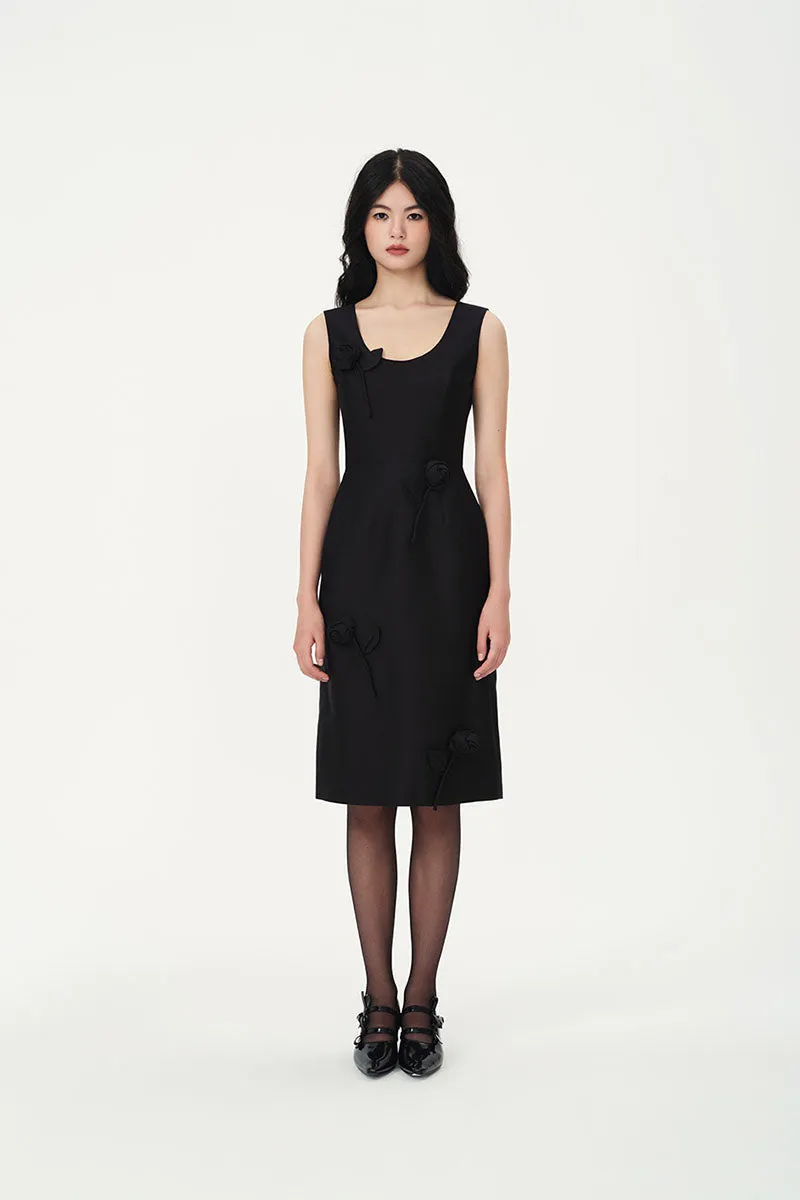 BLACK ROSE APPLIQUÉ DRESS