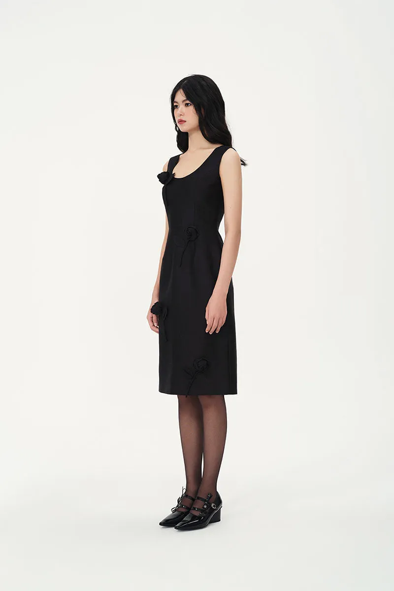 BLACK ROSE APPLIQUÉ DRESS