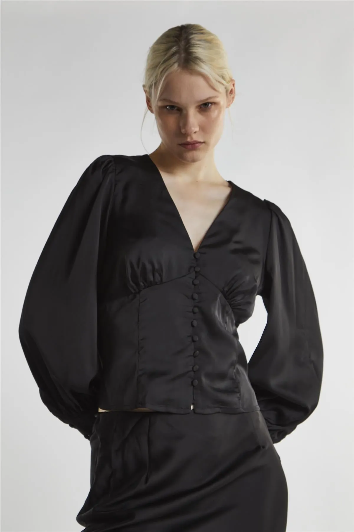 Black-Satin Button-Front Top