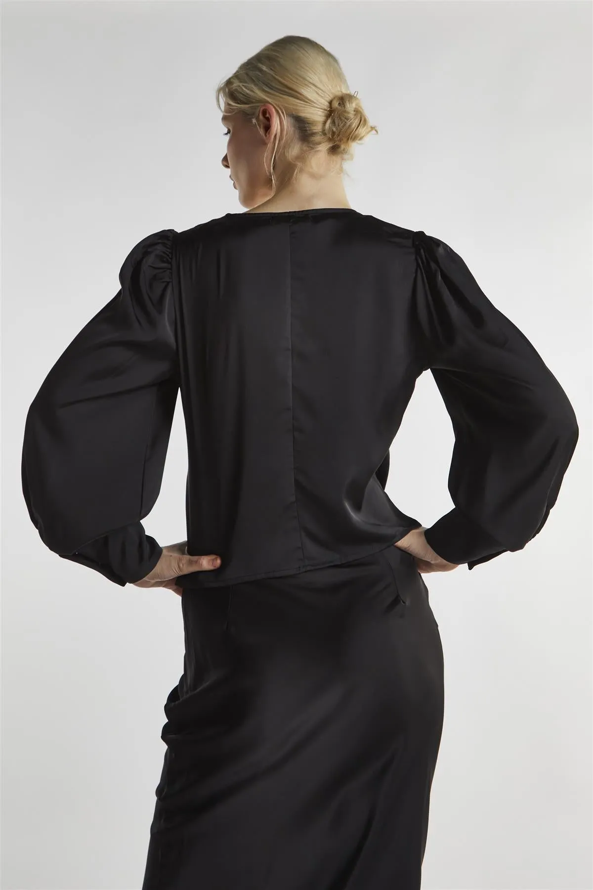 Black-Satin Button-Front Top