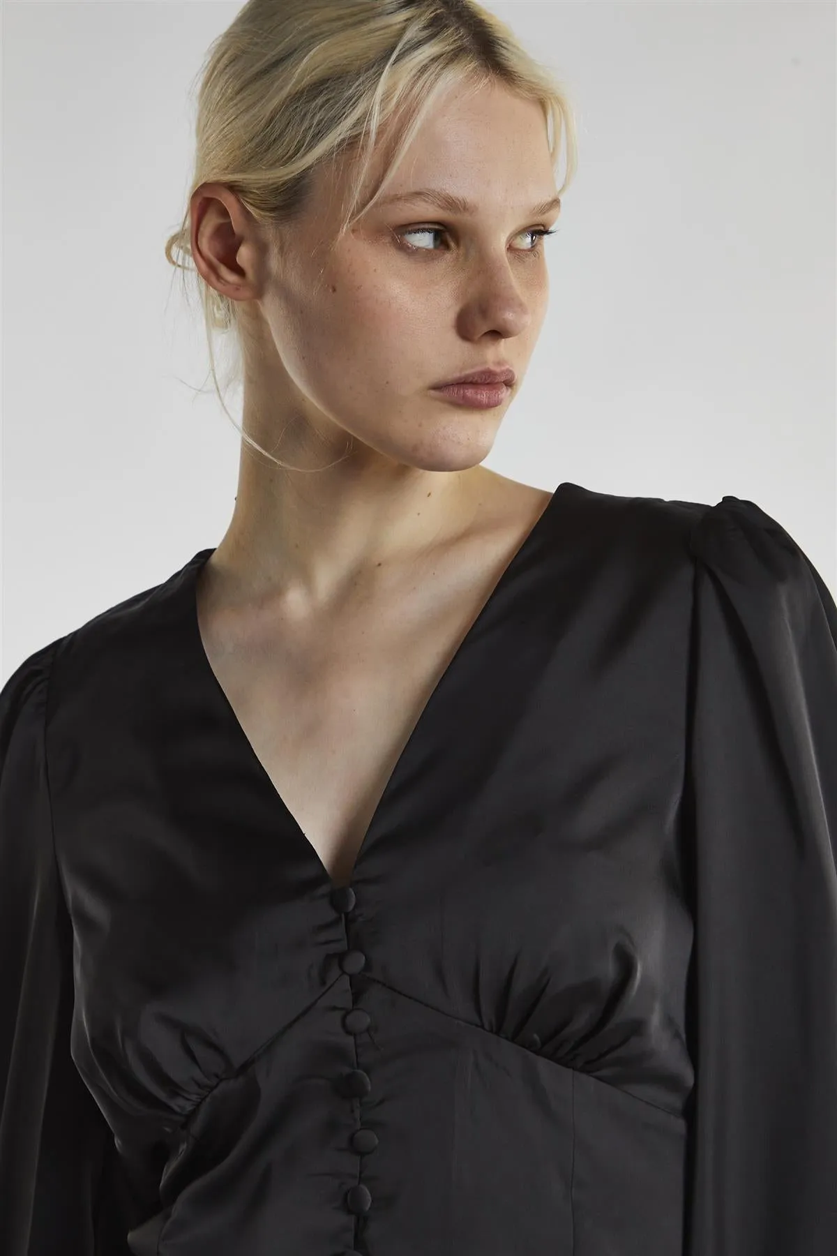 Black-Satin Button-Front Top