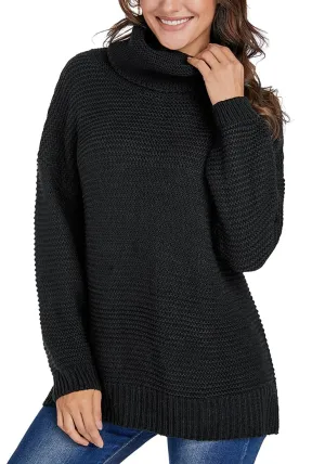 Black Side Slit Turtleneck Textured Knit Sweater