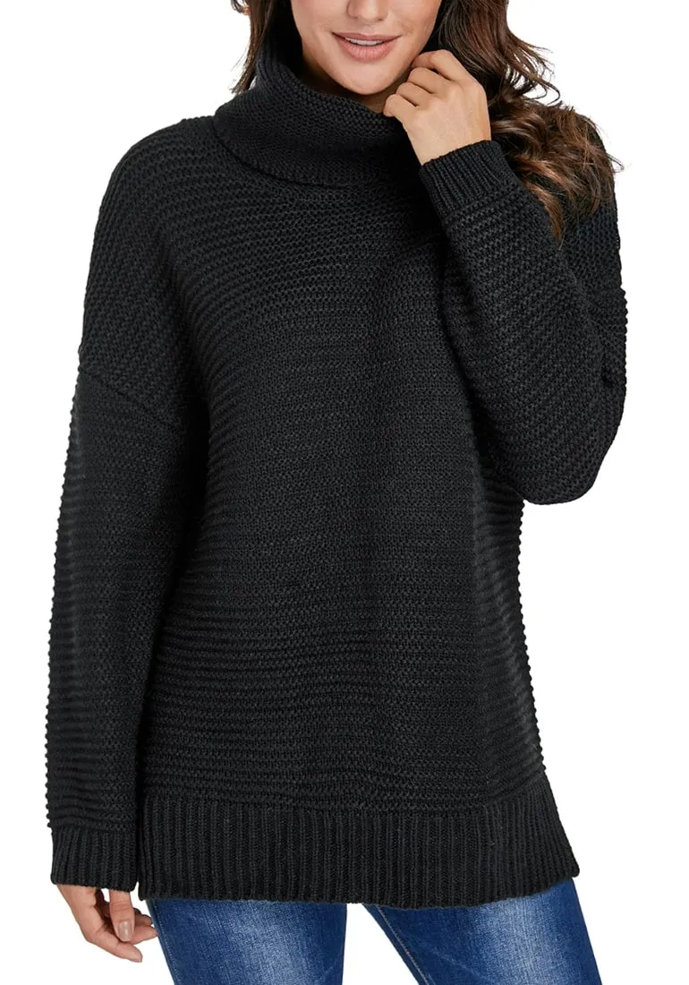 Black Side Slit Turtleneck Textured Knit Sweater