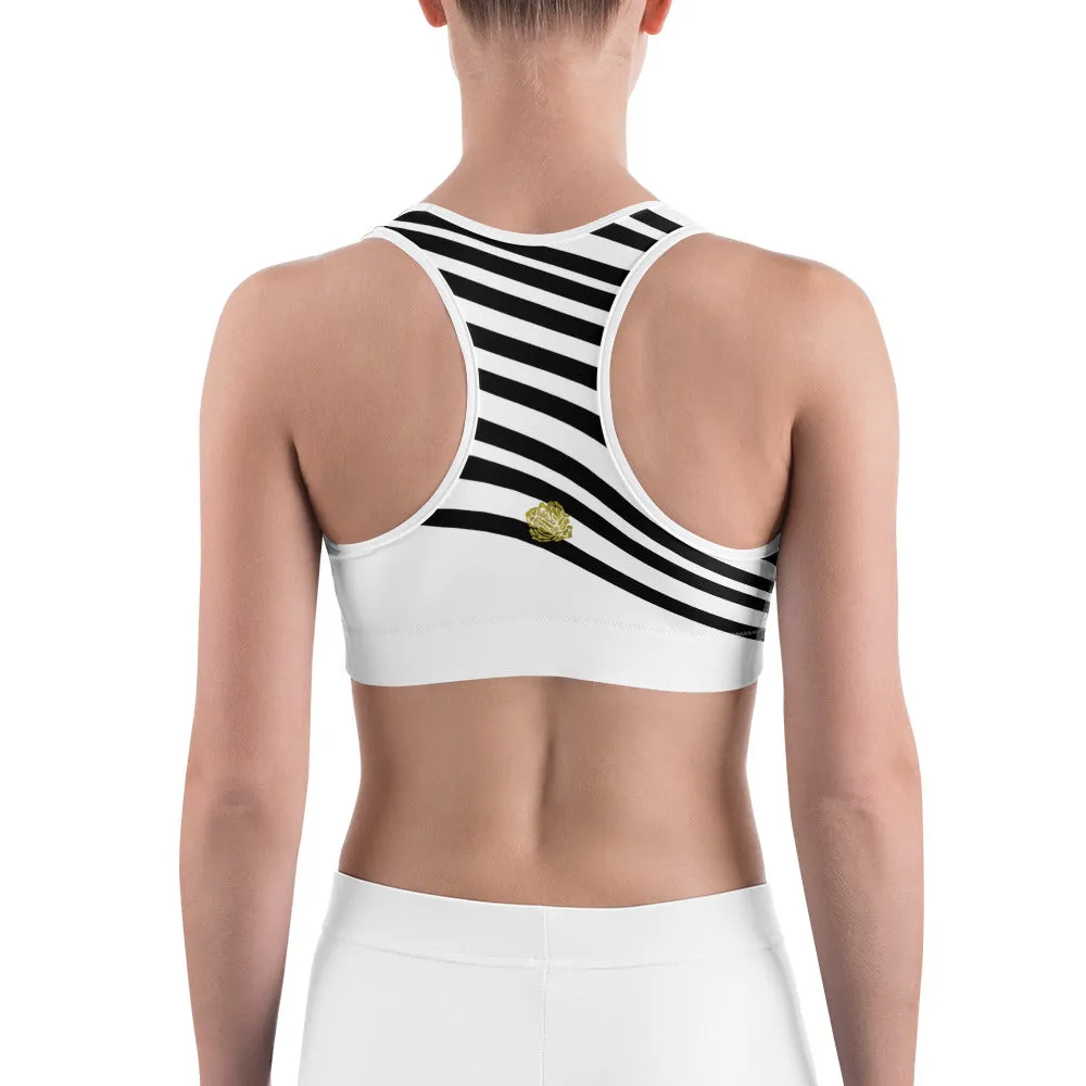 Black Striped Women's Sports Bra, White Black Diagonal Stripe Fitness Bra-Made in USA/EU