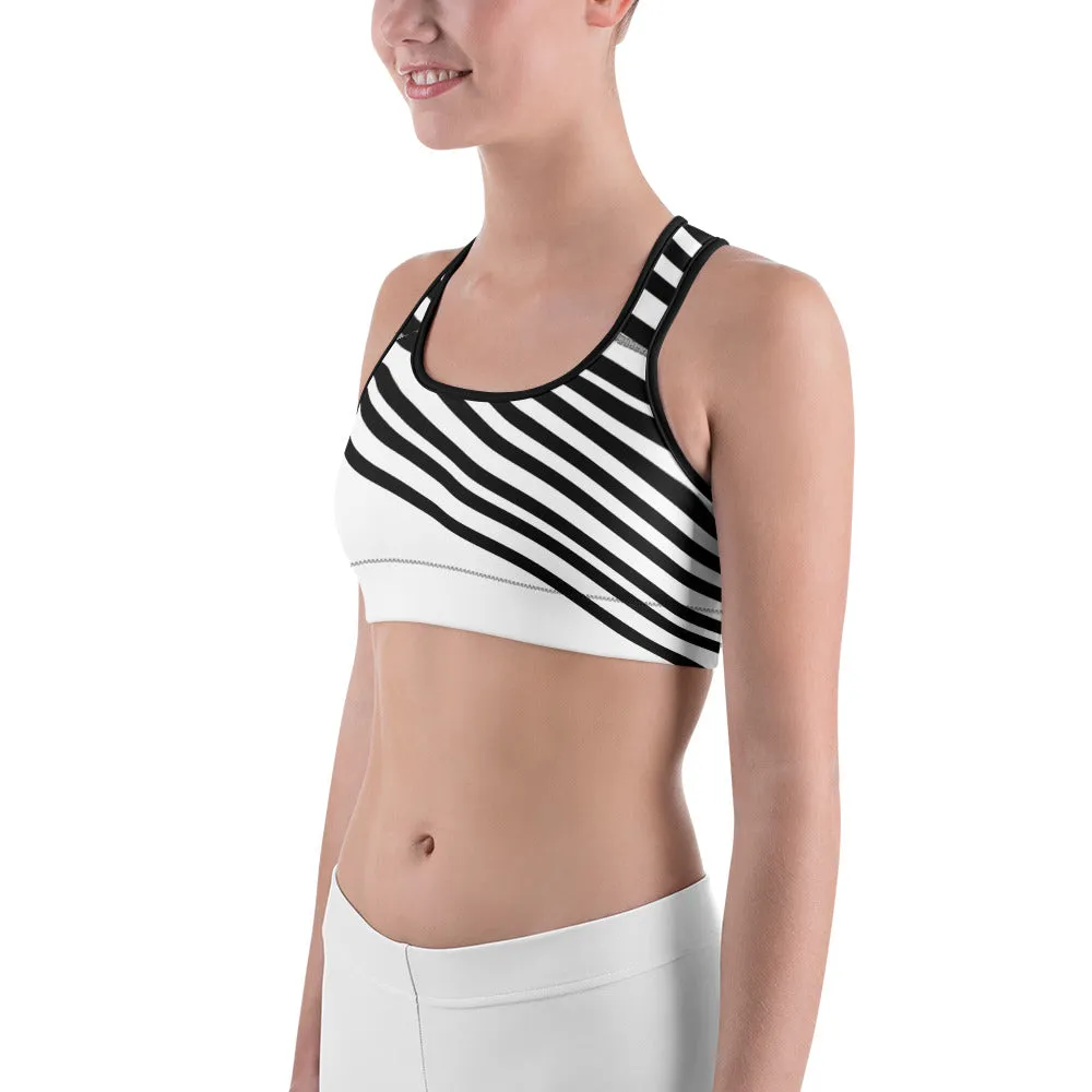 Black Striped Women's Sports Bra, White Black Diagonal Stripe Fitness Bra-Made in USA/EU