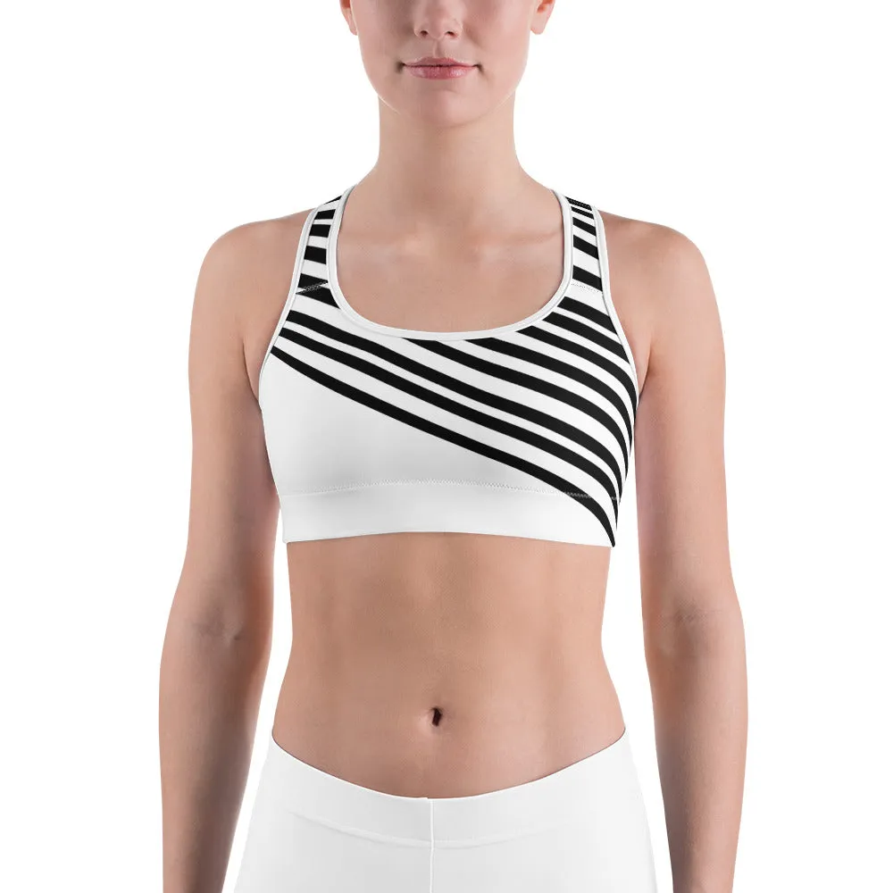 Black Striped Women's Sports Bra, White Black Diagonal Stripe Fitness Bra-Made in USA/EU