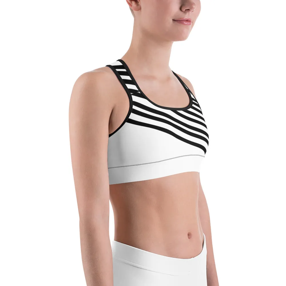 Black Striped Women's Sports Bra, White Black Diagonal Stripe Fitness Bra-Made in USA/EU