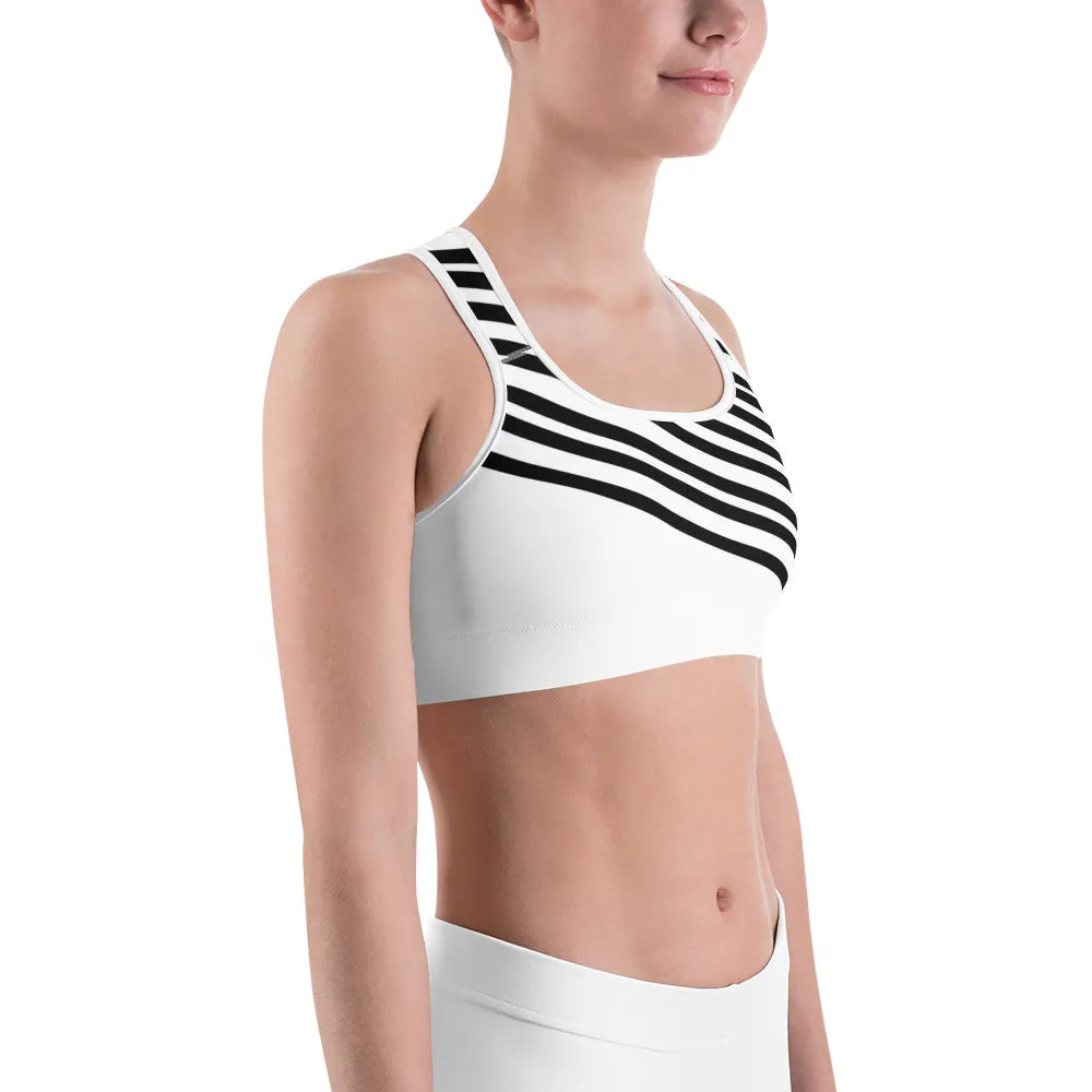 Black Striped Women's Sports Bra, White Black Diagonal Stripe Fitness Bra-Made in USA/EU