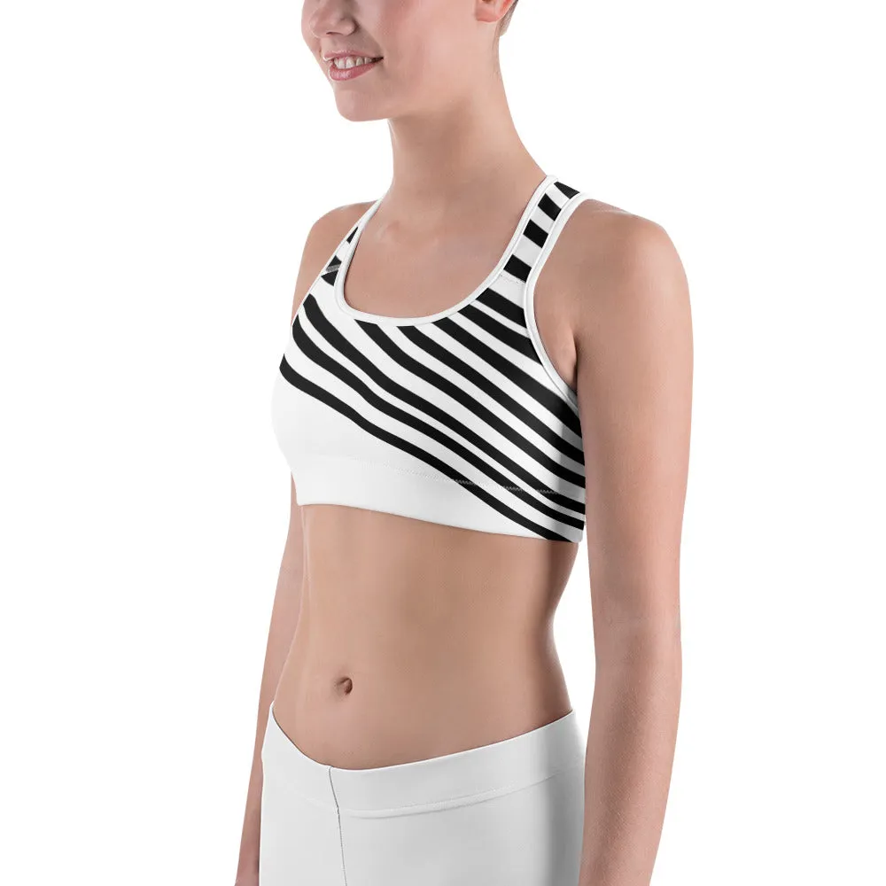 Black Striped Women's Sports Bra, White Black Diagonal Stripe Fitness Bra-Made in USA/EU