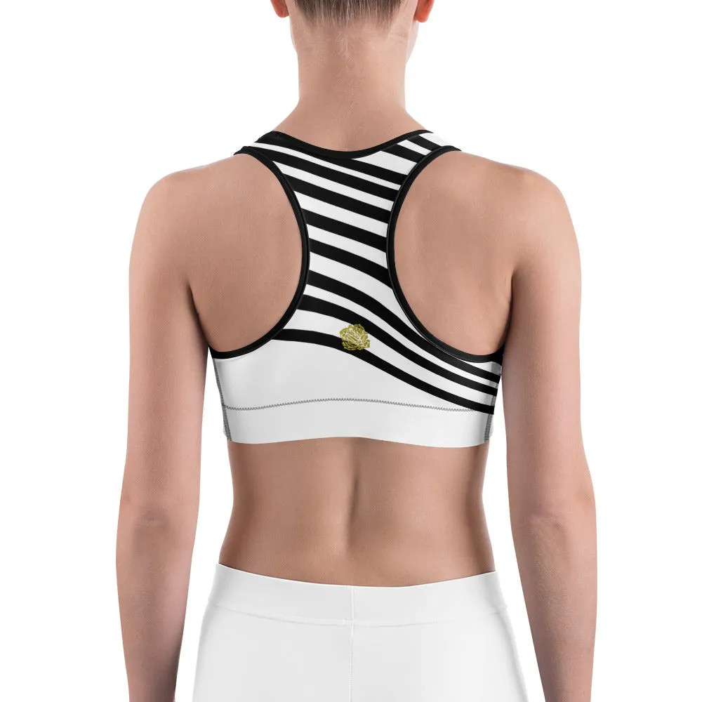 Black Striped Women's Sports Bra, White Black Diagonal Stripe Fitness Bra-Made in USA/EU