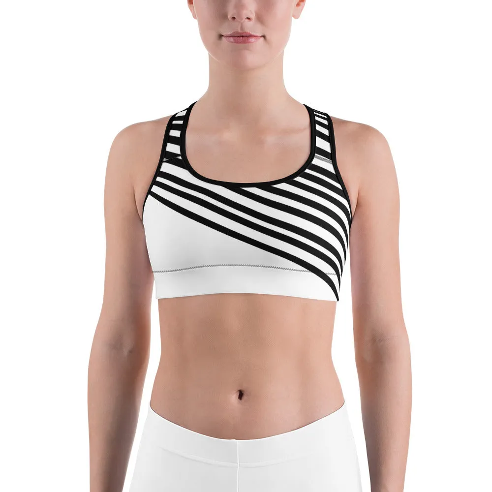 Black Striped Women's Sports Bra, White Black Diagonal Stripe Fitness Bra-Made in USA/EU