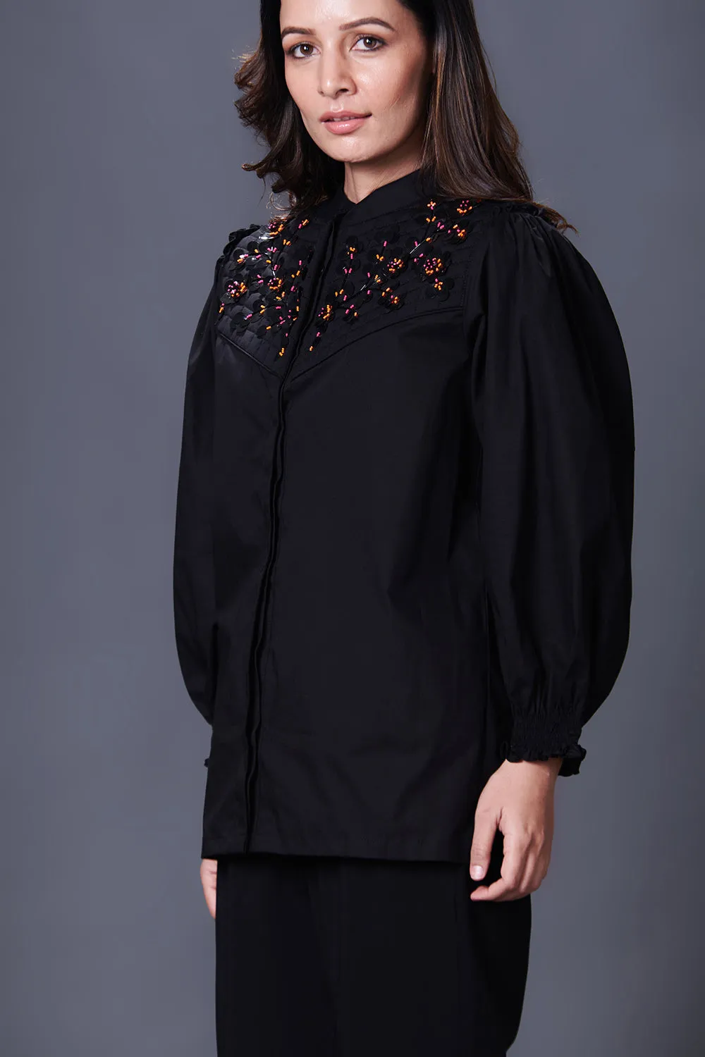 Black Stylish Jacket With Hand Embroidered Quilted Yoke