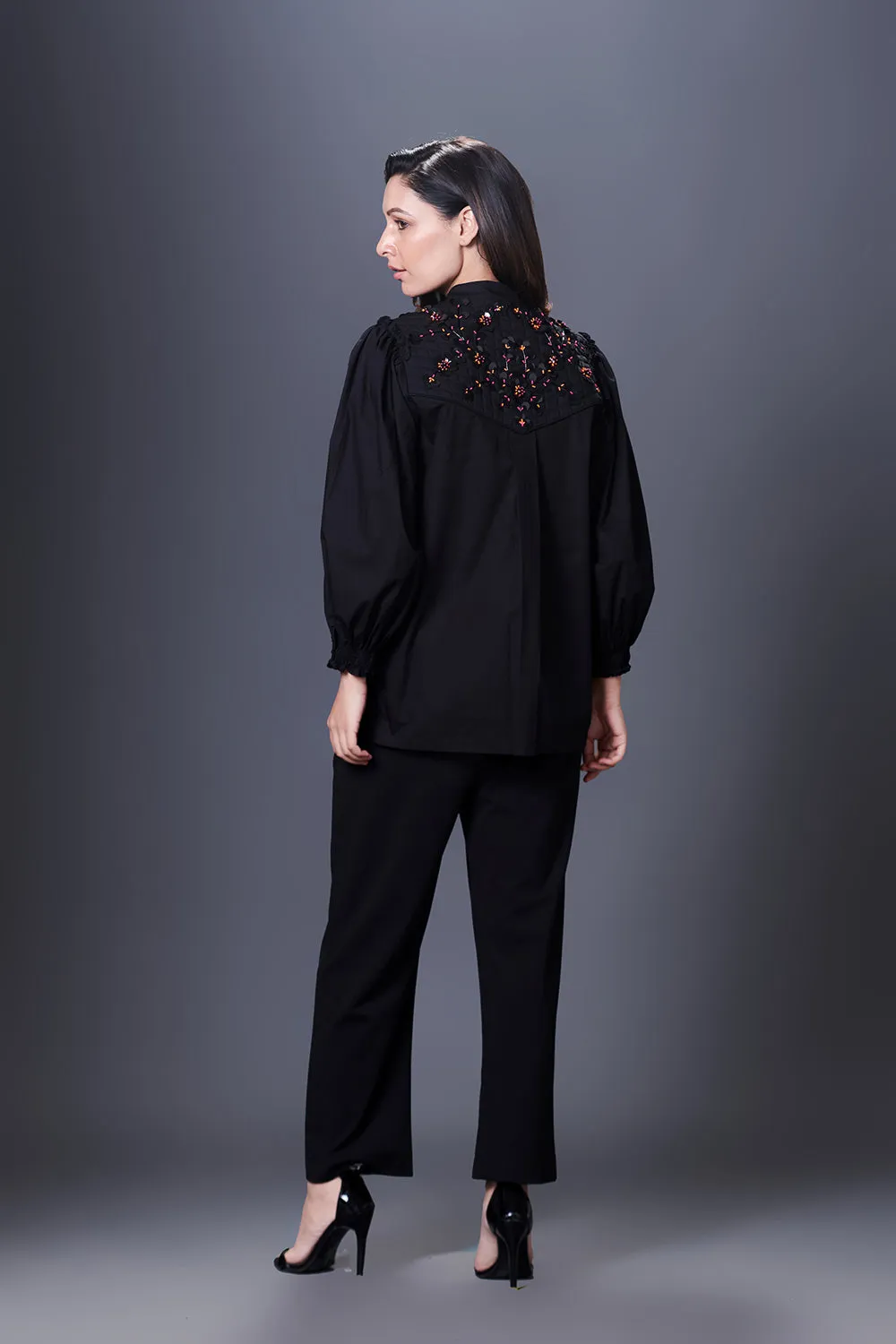 Black Stylish Jacket With Hand Embroidered Quilted Yoke