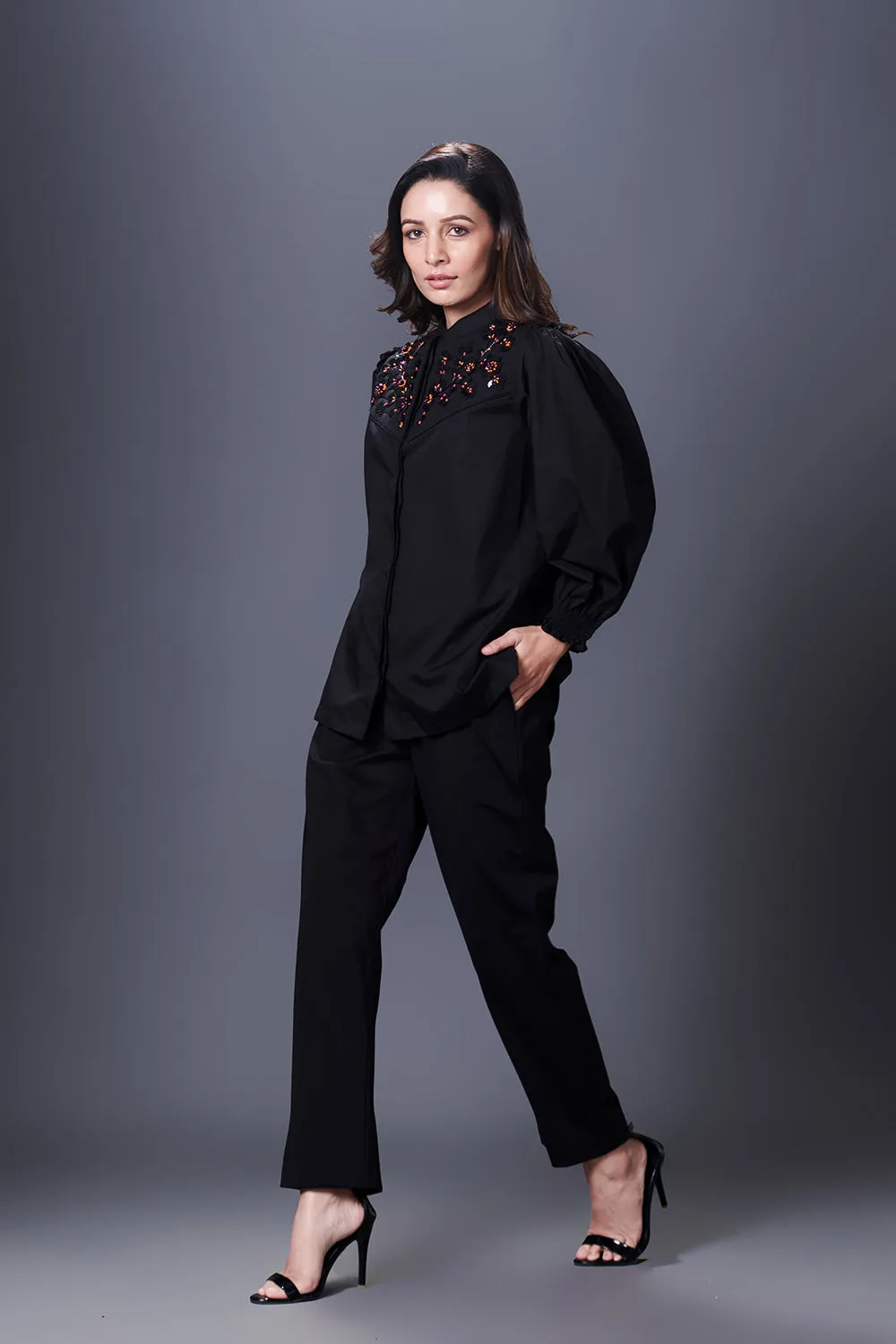 Black Stylish Jacket With Hand Embroidered Quilted Yoke