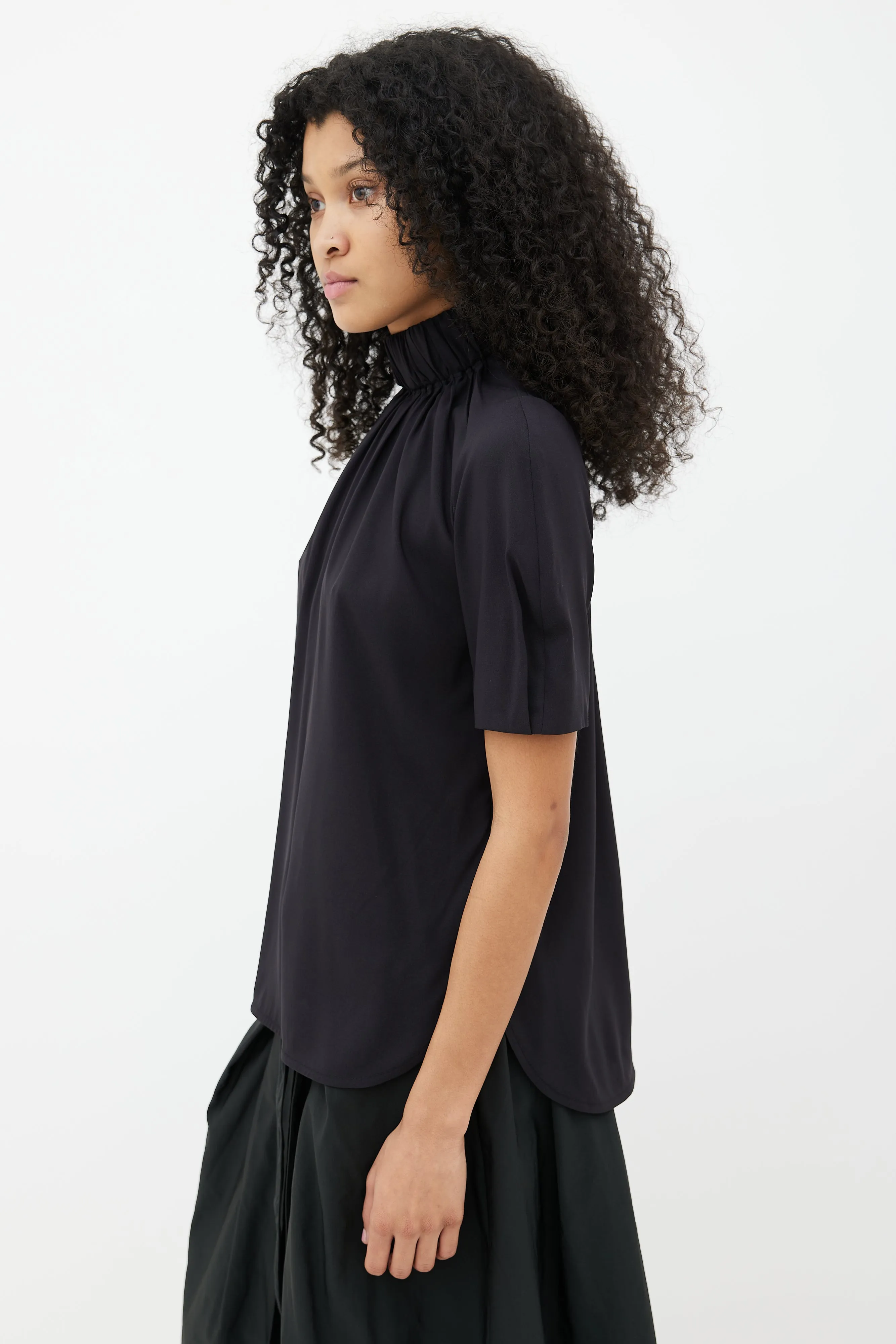 Black Turtleneck Short Sleeve Blouse