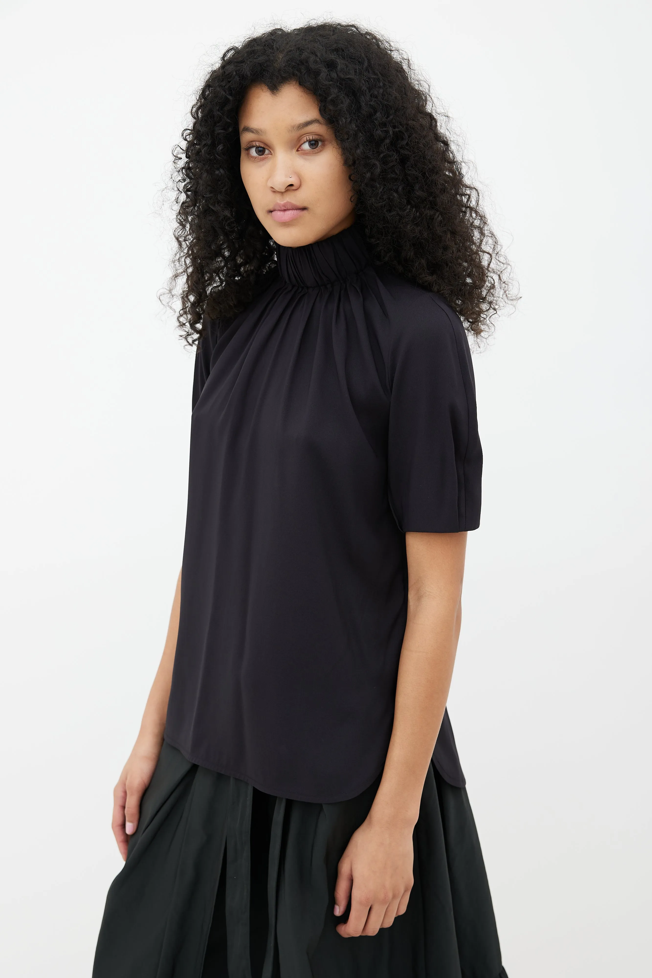 Black Turtleneck Short Sleeve Blouse